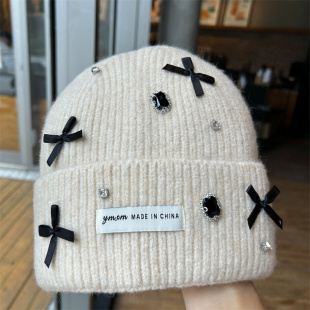 新款 毛线帽子女秋冬百搭休闲可爱蝴蝶结针织帽 水钻蝴蝶结设计师款