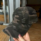 新款 潮流个性 迷彩棒球帽子女做旧破洞鸭舌帽男宽帽檐显脸小遮阳帽