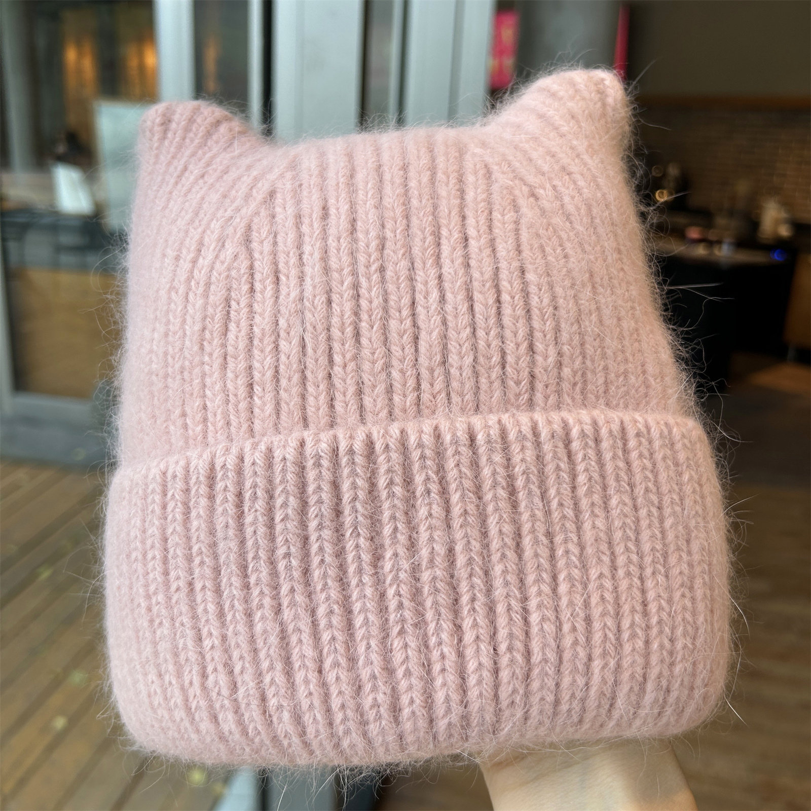 新款安哥拉兔毛针织帽子女冬季双层加厚加绒可爱毛绒猫耳朵套头帽