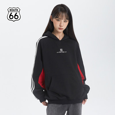ROUTE66/66号公路美式复古撞色拼接印花休闲宽松舒适连帽套头卫衣