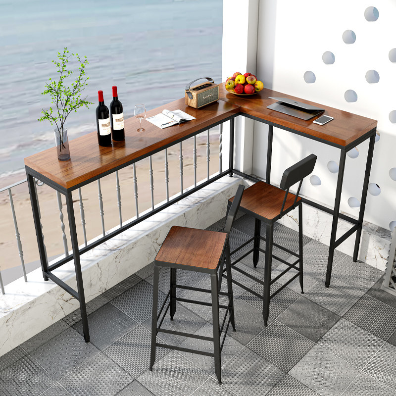 拐角吧台阳台窄条桌家用墙边靠窗一体式高脚l型转角吧台桌椅组合