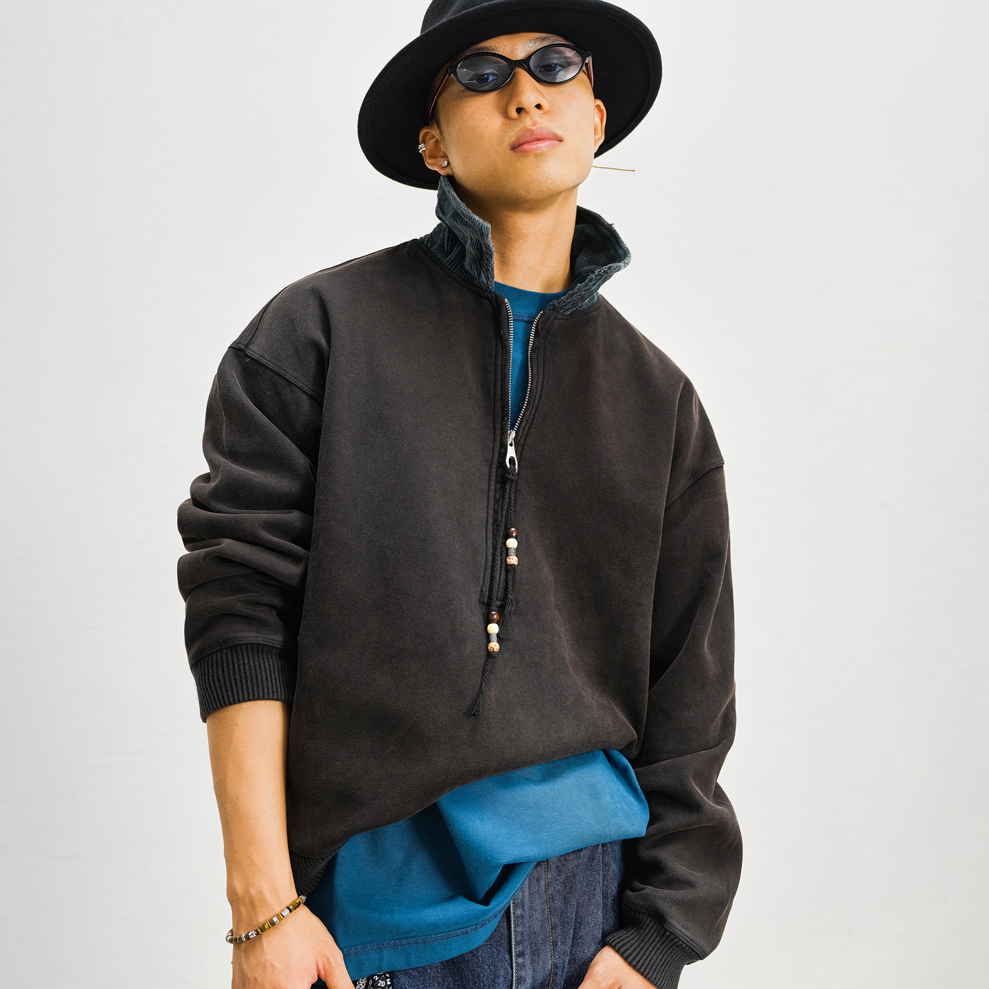 JUPSTUDIO拼接翻领半拉链卫衣男