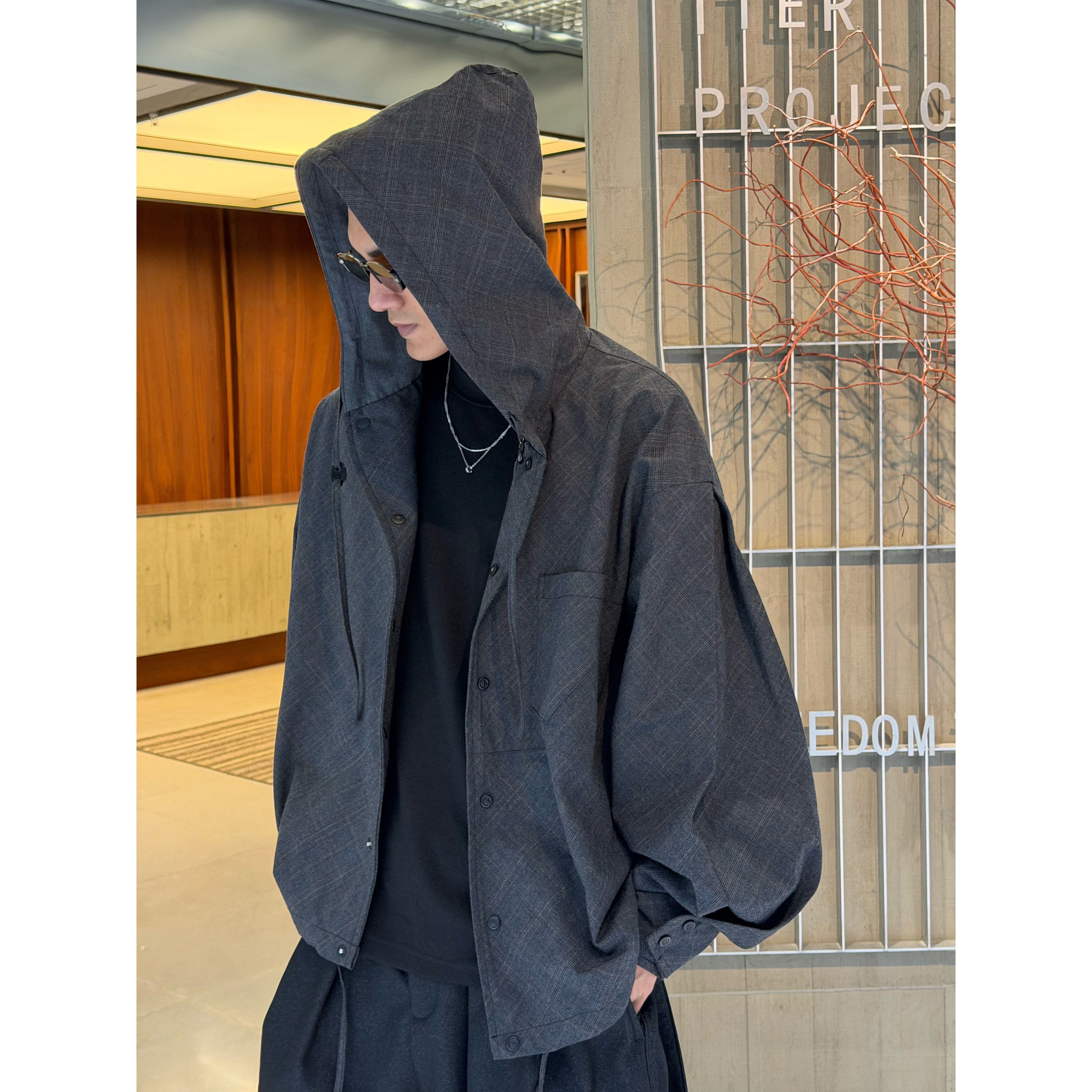 复古慵懒风男宽松连帽褶皱帽衫
