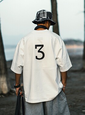 JUPSTUDIO330g重磅纯棉短袖T恤男夏季薄款凉感印花五分袖体恤上衣