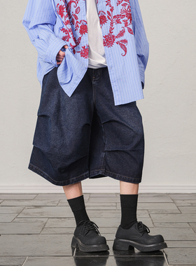 JUPSTUDIO美式复古深蓝色牛仔七分裤男女春季休闲短裤痞帅高级感