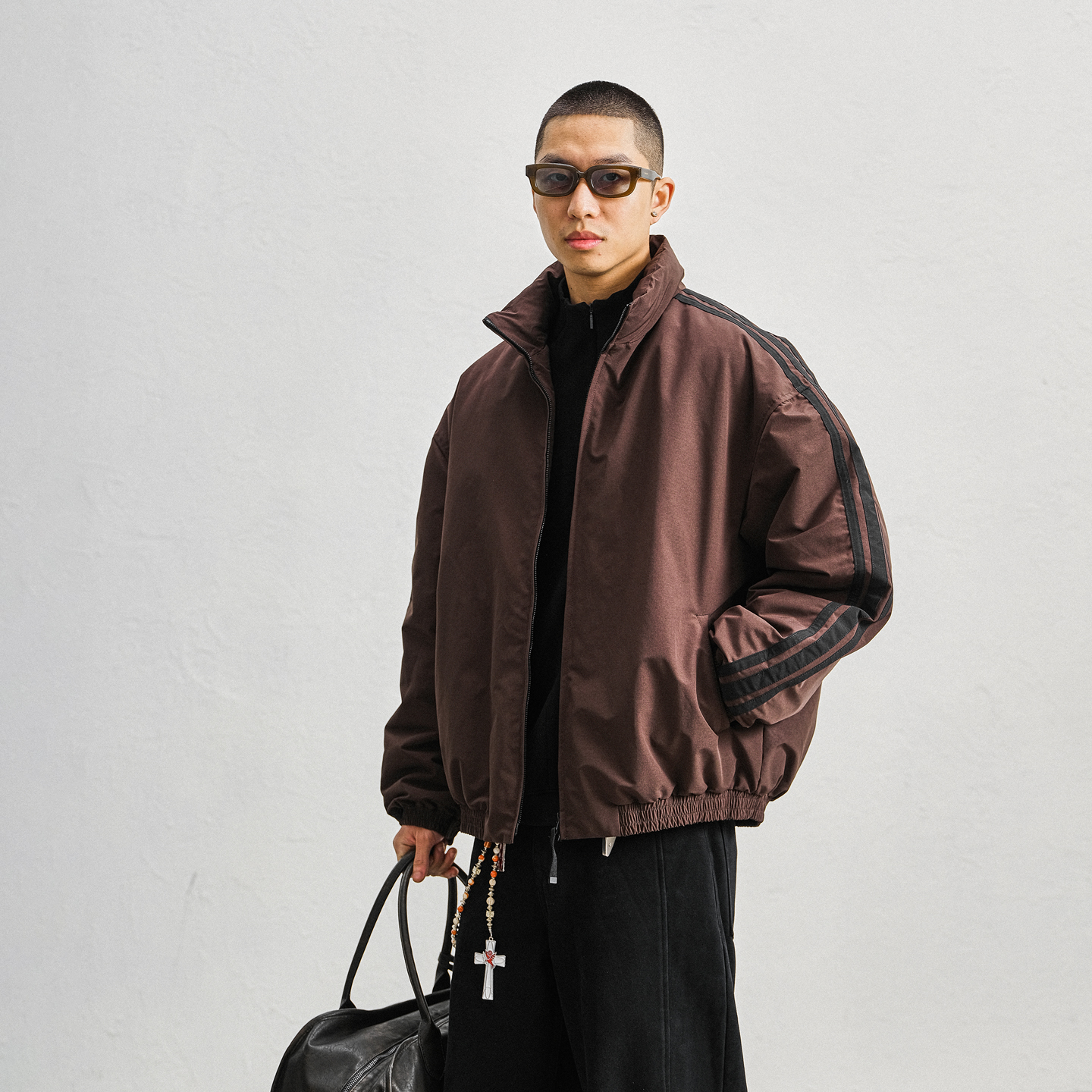 美式拼接三条横立领羽绒服男冬季