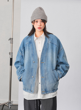 JUPSTUDIO痞帅高街水洗蓝色牛仔夹克春季潮牌宽松男女同款V领外套