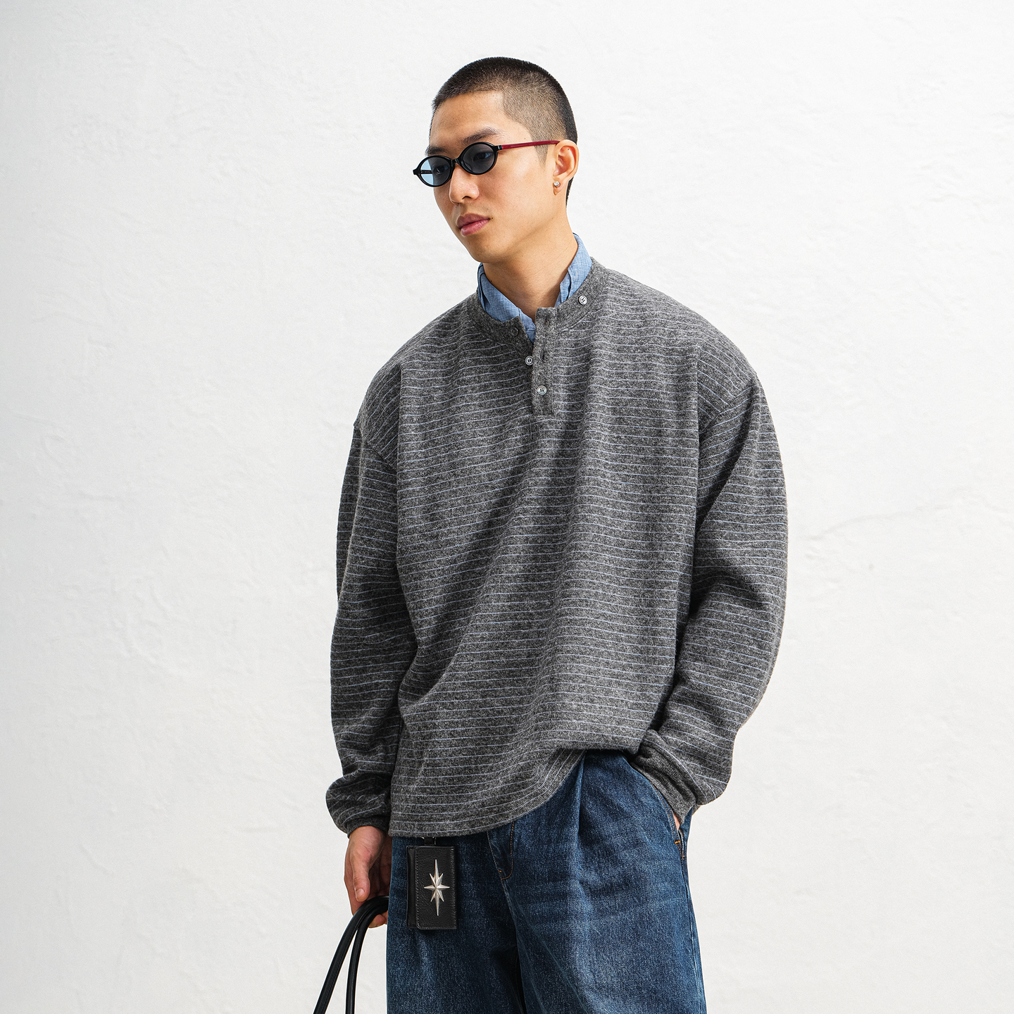 JUPSTUDIO亨利领条纹长袖T恤男