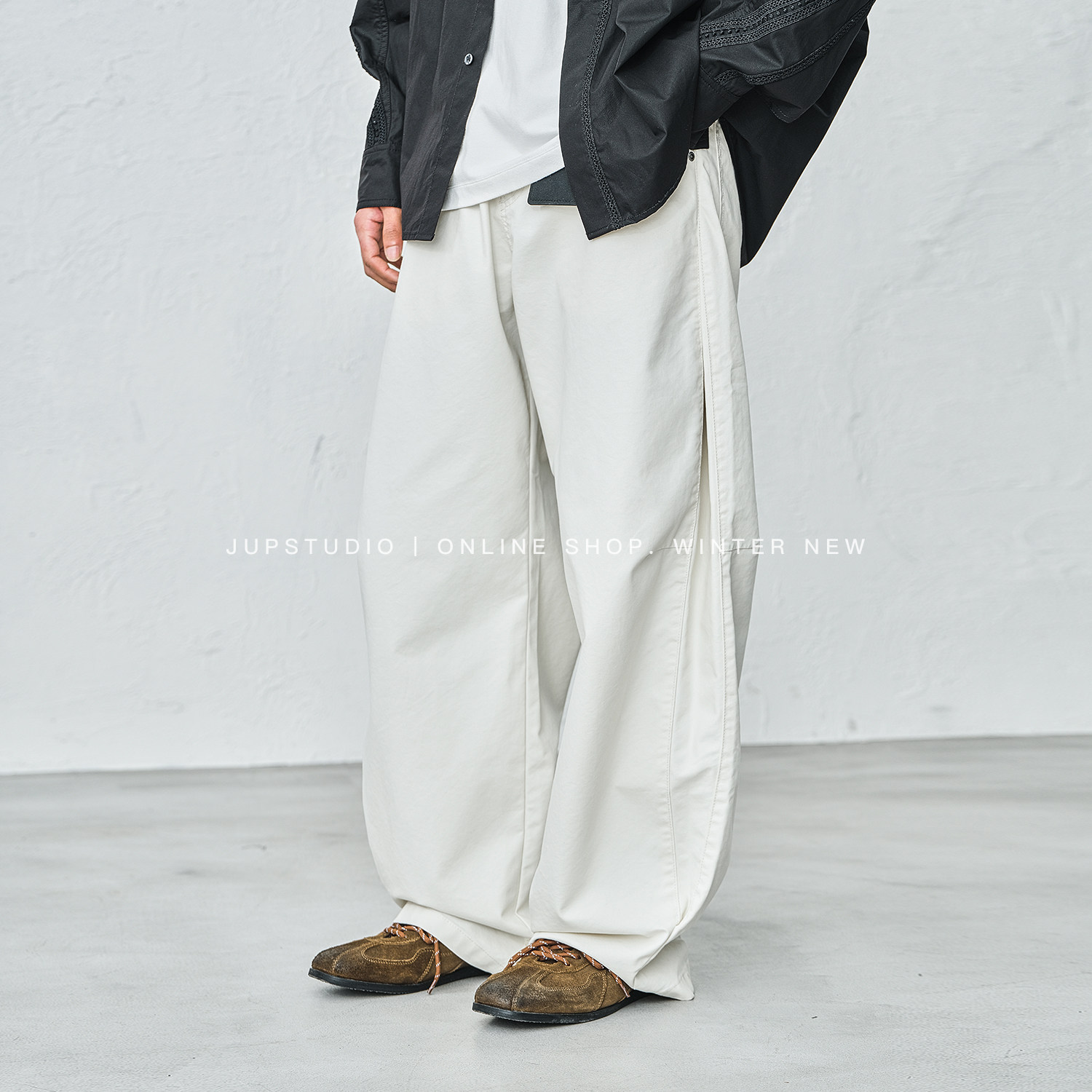 JUPSTUDIO日系复古阔腿休闲裤男宽松直筒长裤简约白色松弛慢人风