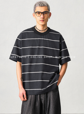 JUPSTUDIO休闲慵懒风黑白条纹短袖T恤男宽松圆领基础款百搭上衣