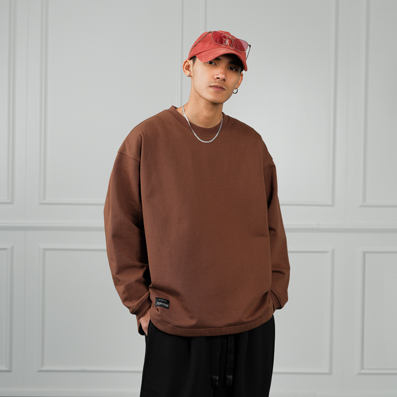 JUP美式潮牌重磅秋冬季圆领内搭复古磨毛长袖T恤男宽松休闲打底衫