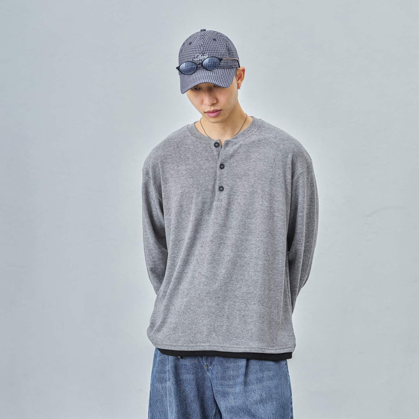 JUPSTUDIO假两件亨利领长袖T恤男