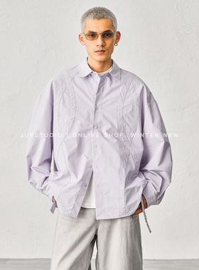 JUPSTUDIO老钱风翻领廓形衬衫男宽松长袖纯棉百搭休闲衬衣外套