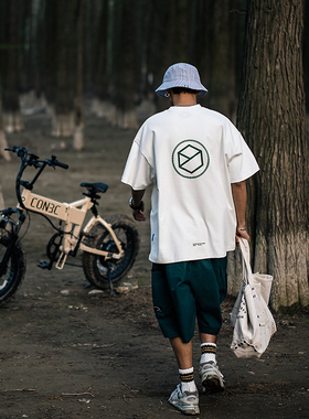 JUPSTUDIO潮流时尚印花短袖T恤男夏季美式休闲宽松五分袖圆领上衣