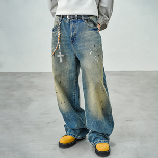 子长裤 JUPSTUDIO美式 设计感擦色水洗裤 高街痞帅泼墨牛仔裤 男秋季