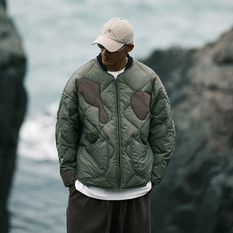 JUP日系复古菱形格棒球领羽绒服男冬季设计感高级潮宽松轻薄外套
