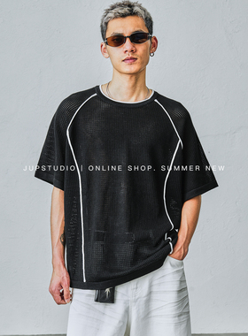 JUPSTUDIO潮牌明线短袖T恤男士宽松圆领设计感休闲百搭上衣黑色