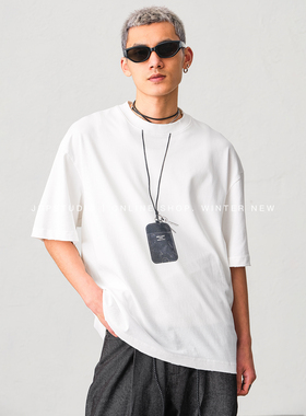 JUPSTUDIO极简风圆领短袖T恤男宽松落肩袖白色重磅面料夏季上衣