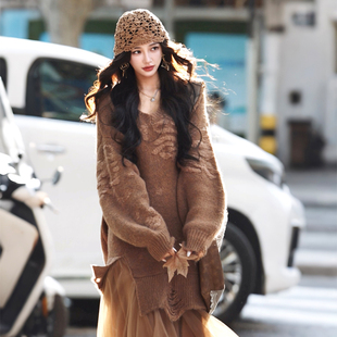 AZure温柔提花拼色马海毛针织裙宽松显瘦拼纱假两件灯笼袖 毛衣裙