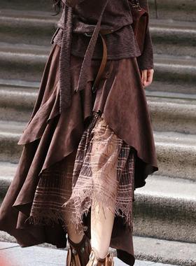 AZure法式复古麂皮绒半身裙蕾丝拼接不规则A字裙高腰百搭拼接长裙