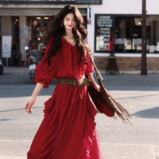 AZure法式 裙春 复古红V领抽绳荷叶连衣裙可调节露肩长裙中低腰长袖