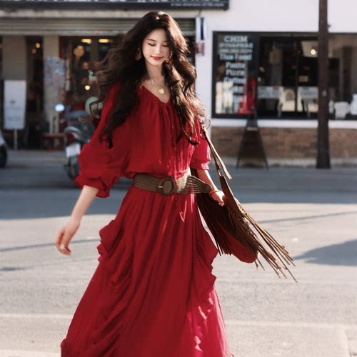 波西米亚嬉皮风荷叶红色连衣裙