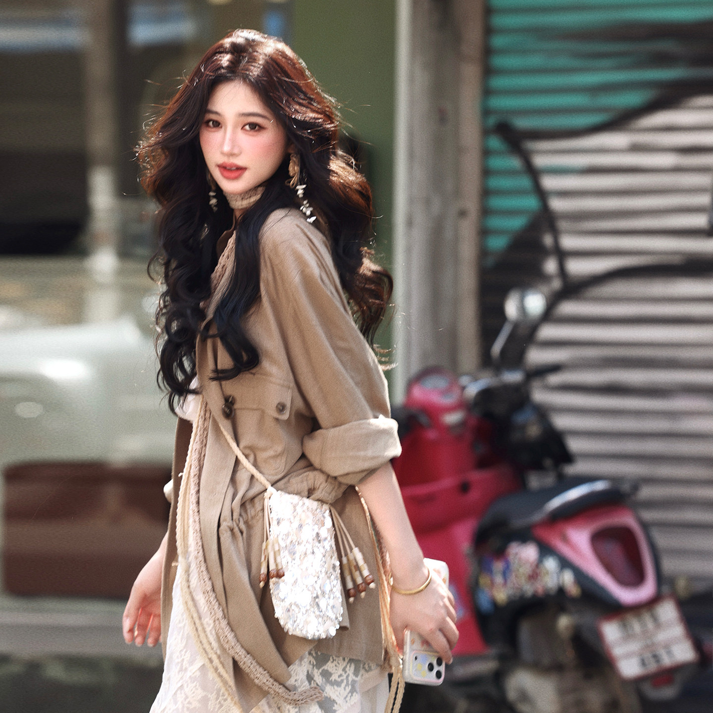 AZure亚麻防晒外套卡其通勤百搭衬衫长袖单排扣抽绳上衣气质好穿