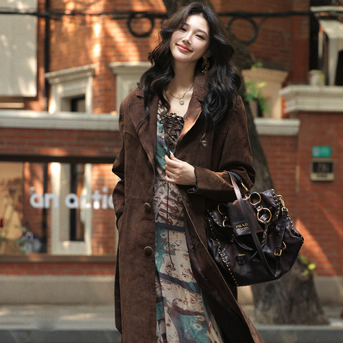 AZure复古棕色仿麂皮绒风衣外套