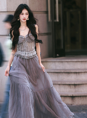 AZure复古重工扎染蕾丝吊带晕染背心高腰双层10米网纱大摆拖地裙