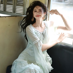 AZure法式 绑带蛋糕长裙大U领显瘦气质夏 复古薄荷绿连衣裙荷叶开袖