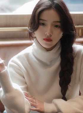 AZure全羊毛高领 简约复古灯笼袖上衣白色通勤打底衫长袖纯色毛衣