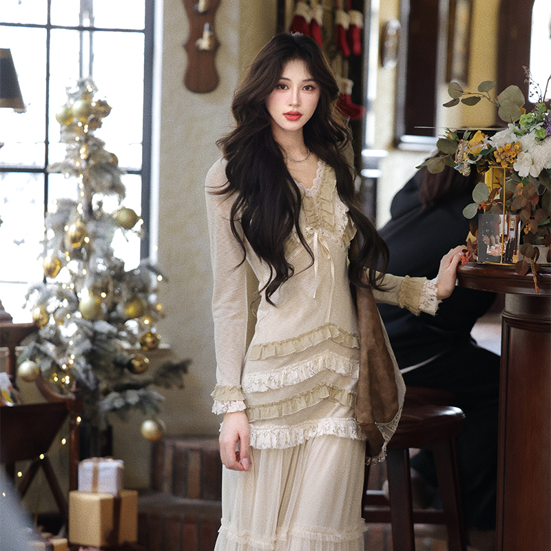 法式复古重工显瘦蕾丝网纱连衣裙