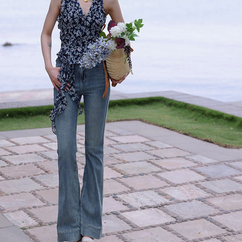 法式复古牛仔喇叭裤超模裤2024女