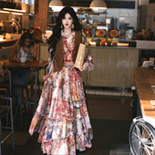 AZure复古做旧印花连衣裙重磅8米超大裙摆蛋糕裙气质宽松长裙2024