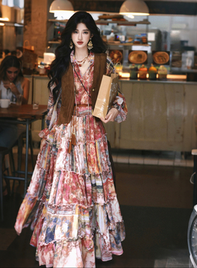 AZure复古做旧印花连衣裙重磅8米超大裙摆蛋糕裙气质宽松长裙2024