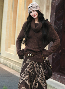 AZure温柔风堆堆领一字肩两穿毛衣女复古针织衫宽松显瘦百搭通勤