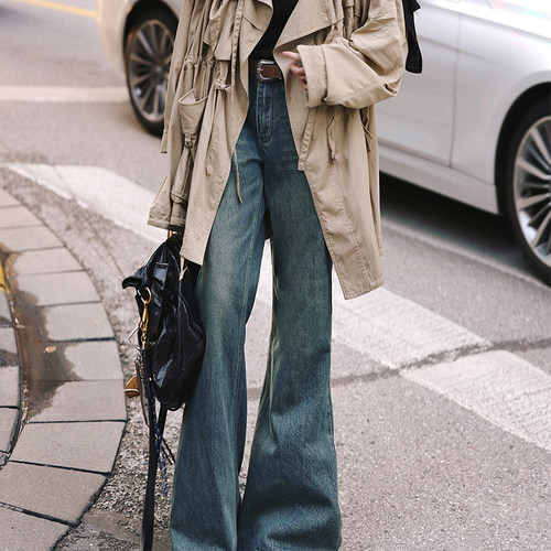 复古蓝低腰阔腿牛仔裤微喇裤