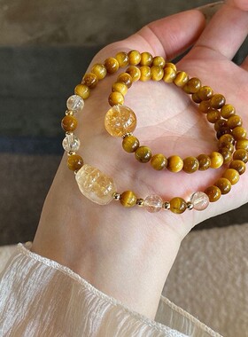 新中式双圈黄水晶手串女招财貔貅仿金虎眼手链轻奢小众设计感手饰