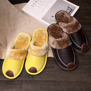 室内女家居厚底防滑男家用保暖毛绒皮拖鞋 棉拖鞋 2020年新款 秋冬季