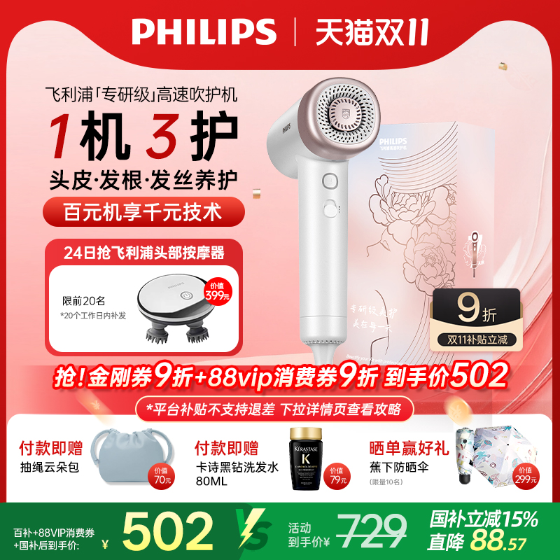 【政府补贴】飞利浦高速吹风机家用负离子护发速干大风力电吹风