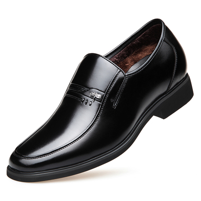 商务平头内增高根皮鞋男中年人爸爸鞋40-50岁冬季加厚保暖棉鞋子