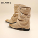 达芙妮尖头短靴女2025新款 管堆堆靴 秋冬卡其色西部靴中筒美拉德裤