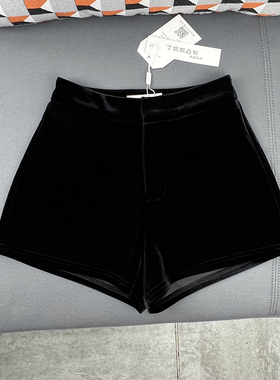 丁妮妮自制丝绒黑色短裤女秋冬季打底外穿小个子高腰金丝绒阔腿裤