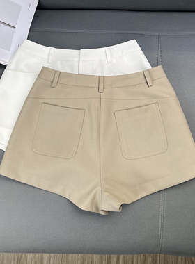 丁妮妮自制老钱风卡其色西装短裤女休闲阔腿裤夏宽松显瘦白色热裤