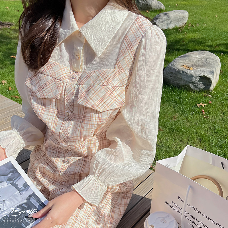 现货！格子拼接假两件连衣裙2D079-2371P120控178,女装连衣裙,浙宝129