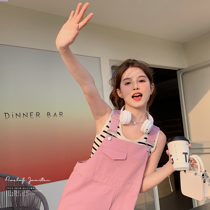 桔色九分背带裤女2024夏季新款小个子薄款宽松直筒减龄连体裤，女装休闲裤，浙宝129