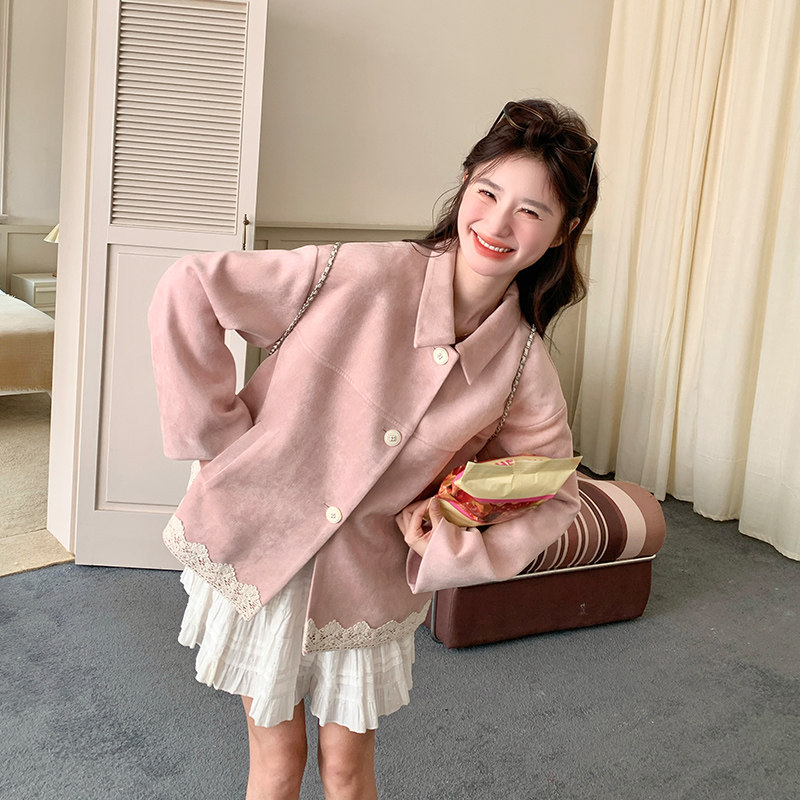 【大货】粉色麂皮绒花边夹克外套2D079-8907P145控208,女装短外套,浙宝129