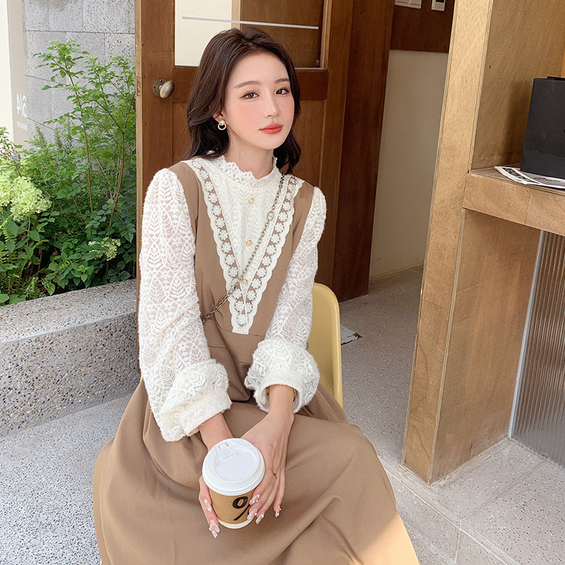 法式蕾丝拼接连衣裙女2025春新款设计感假两件气质绝美减龄茶歇裙,女装连衣裙,浙宝129