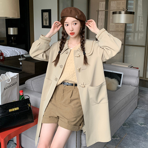 卡其色娃娃领风衣外套女中长款春秋季2025新款气质韩版牛角扣大衣，女装风衣，浙宝129