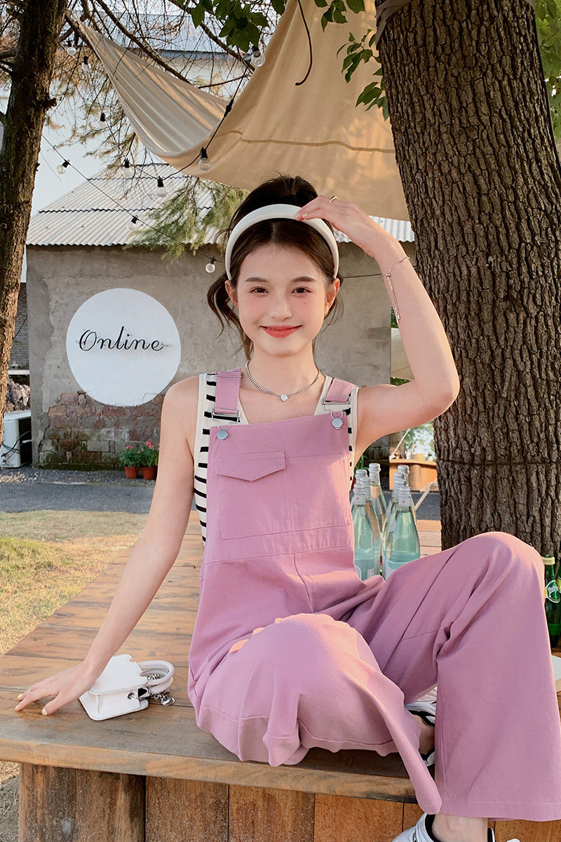 桔色九分背带裤女2024夏季新款小个子薄款宽松直筒减龄连体裤,女装休闲裤,浙宝129